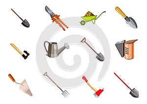 Garden tools icon set, cartoon style