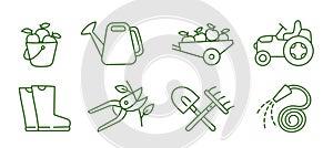 Garden tools icons. Gardening plants. Agriculture and gardener. Vector line. Editable outline stroke.