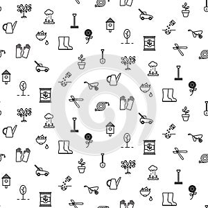 Garden tools line icons vector seamless pattern.