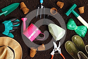 Garden tools and objects on the soil