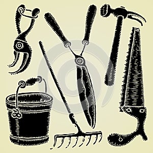 Garden tools original woodcut