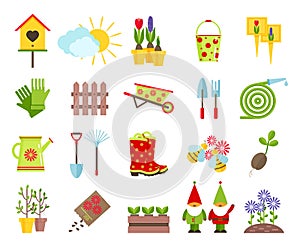 Garden tools and other elements of gardening flat icons set