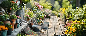 garden tools and outdoor equipment next to a path