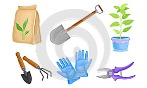 Garden Tools with Rubber Gloves and Ironmongery Vector Set photo