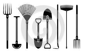 Garden tools set black and white silhouette Vector,