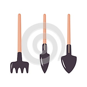 Garden tools, shovels and rake. Gardening equipment