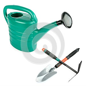 Garden tools, shovels, watering can and rake isolated on white . Free space for text. Collage. Vertical photo