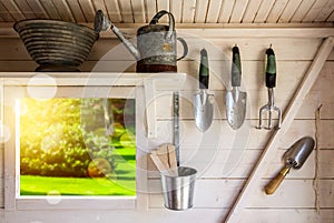 Garden tools in a small storage shed. photo