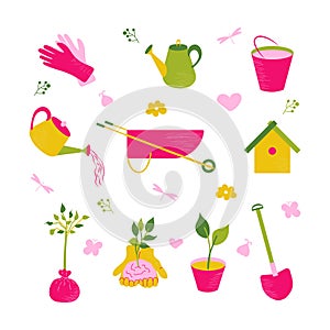 Garden tools and spring set vector illustration