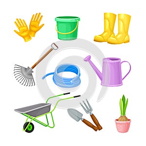 Garden Tools with Watering Can and Ironmongery Vector Set photo