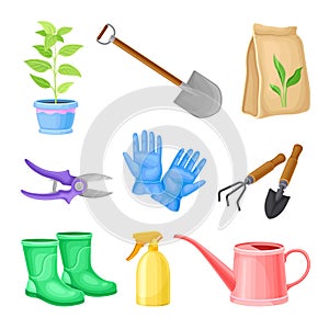 Garden Tools with Watering Can and Ironmongery Vector Set photo