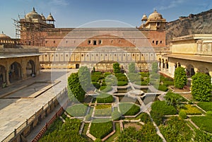 Garden and tower in Amber Fort, Jaipur, Rajasthan, India