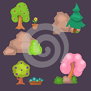 Garden trees vector flowers grass game park elements illustration nature forest green plant bush landscape natural