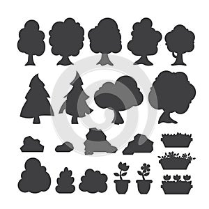 Garden trees vector silhouette flowers grass game park elements illustration nature forest green plant bush landscape