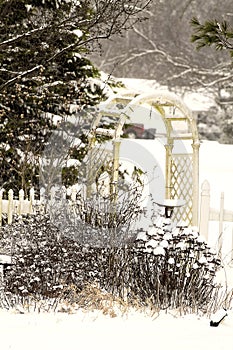 Garden with trellis in midst of snowstorm