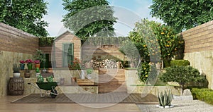 Garden on two levels with wooden shed and fruit tree