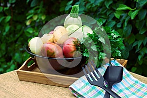 Garden vegetables and herbs: tomatoes, potatoes, onion, parsley, cilantro, zucchini