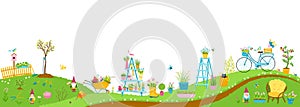 Garden vertical landscape panorama. Spring illustration in hand drawn doodle style with flowers, work tools, garden gnomes and