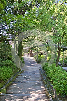 The garden walkway of Shinen inside the Heian-Jingu shrine. Kyoto Japan