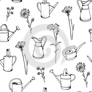 Garden watering can vector seamless pattern, hand drawn sketch