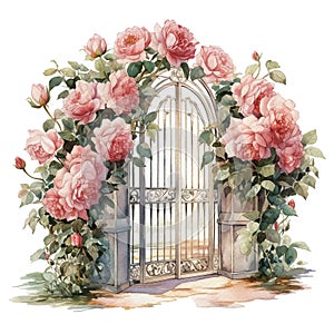 Garden wedding arch of tender flowers, branches and leaves. Hand painted watercolor illustration.