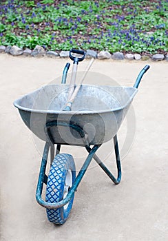 Garden wheelbarrow with blue wheel and gardening tools inside