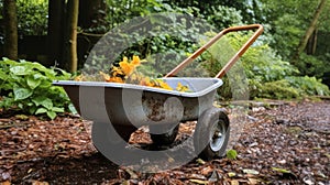 Garden wheelbarrow drenched in soothing rain