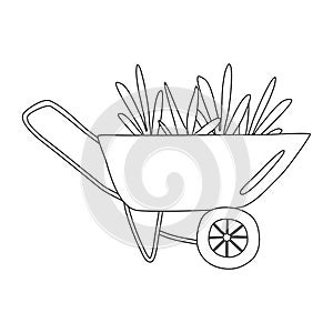 Garden wheelbarrow full of green plants, doodle style flat vector outline for coloring book