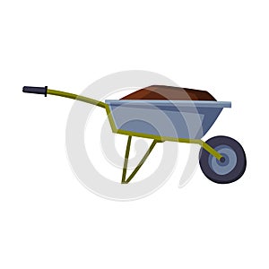 Garden Wheelbarrow Full of Soil or Compost, Agriculture Work Equipment Flat Style Vector Illustration on White