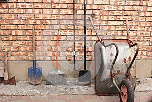 Garden wheelbarrow and garden tools