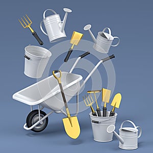 Garden wheelbarrow with garden tools like shovel, rake and fork on grey