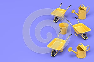 Garden wheelbarrow with garden tools like water can, rake and bucket on blue.