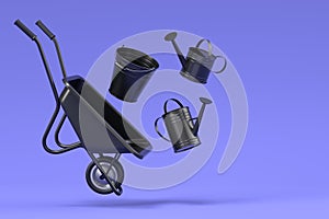 Garden wheelbarrow with garden tools like water can, rake and bucket on violet