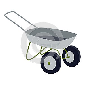 Garden wheelbarrow icon. Wheel barrow, cart with handles, metal container for garden. Cute color cartoon agricultural