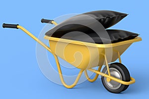 Garden wheelbarrow isolated on blue background. Handcart with bags.