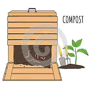 Garden wood composting bin. Garden fertilizer organic with worms. Recycling organic waste. Sustainable living concept