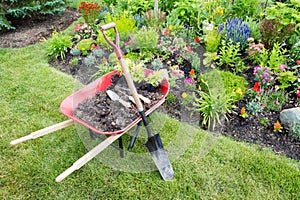 Garden work being done landscaping a flowerbed photo