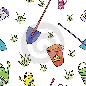 Garden work. Spring doodle pattern. Hand drawn bright elements on white. Seamless cartoon vector background