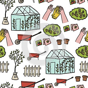 Garden works seamless pattern hand drawn cute flat cartoon style. Gardening doodles. Spring or summer green house work