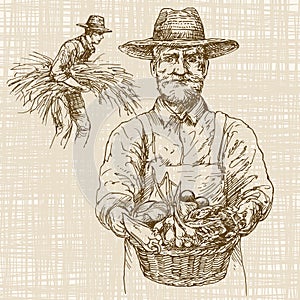 Gardener with a basket of harvested vegetables. Hand drawn set.