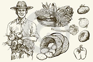 Gardener with basket of harvested vegetables. Hand drawn illustratio photo