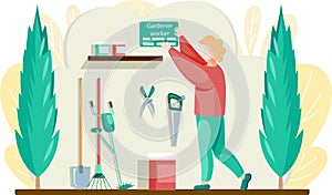 Gardener character in flat design in garage with tools. Gardening, planting flowers and plants