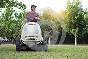 Gardener cutting the grass of a garde on a lawn mower