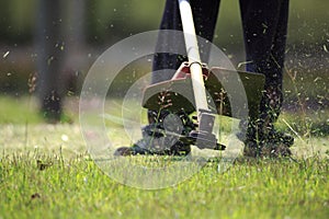 The gardener cutting grass by lawn mower