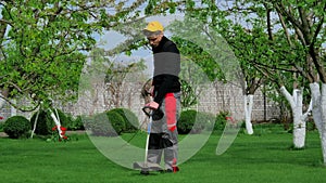 Gardener cutting grass with trimmer