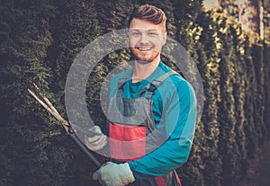 Gardener cutting trees with clippers