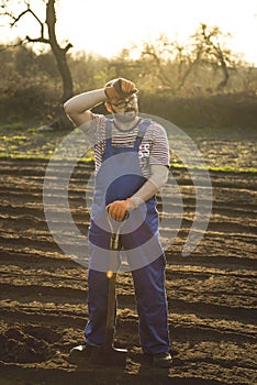 The gardener digs the garden with a shovel