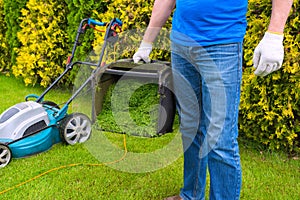 Gardener and a full container of mowed grass close-up