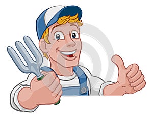 Gardener Garden Fork Tool Handyman Cartoon Man