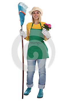 Gardener gardner young woman with flower gardening garden occupation full body isolated photo